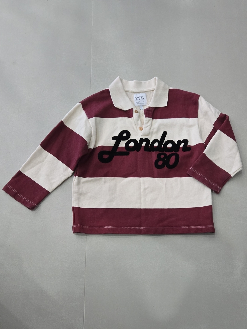 Zara Kids Burgundy & Cream Striped Rugby Top with 'London 80' Applique Size 6-7Y